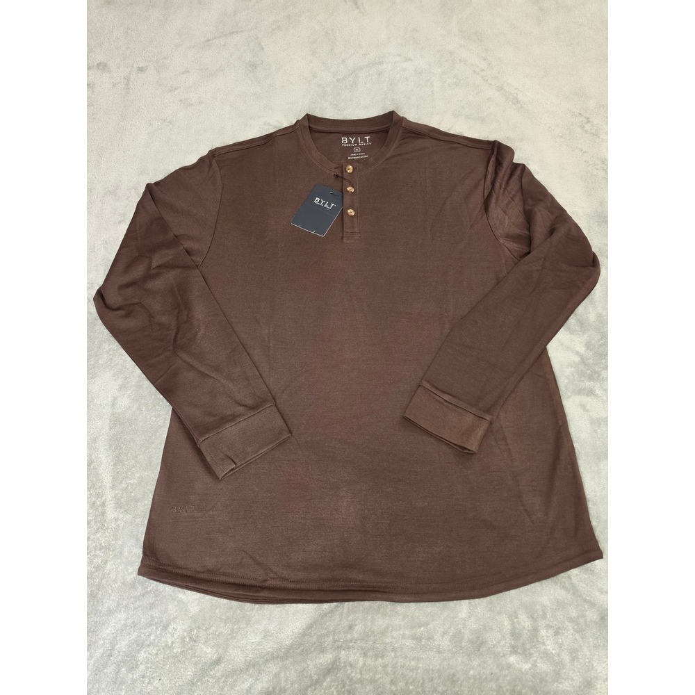 BYLT Premium Basics Mens XL Long Sleeve Henley Shirt Brown Curved Hem NWT